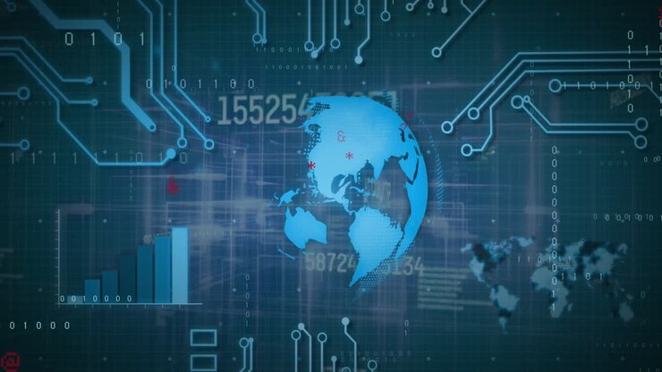 Animazione di grafico, mappa, numeri che cambiano, schema di circuito stampato su globo su sfondo blu