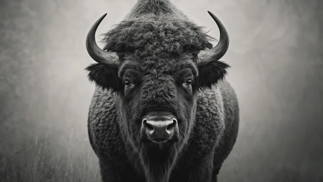Standing adult American bison holding gaze toward lens in foggy prairie, showing curved horns