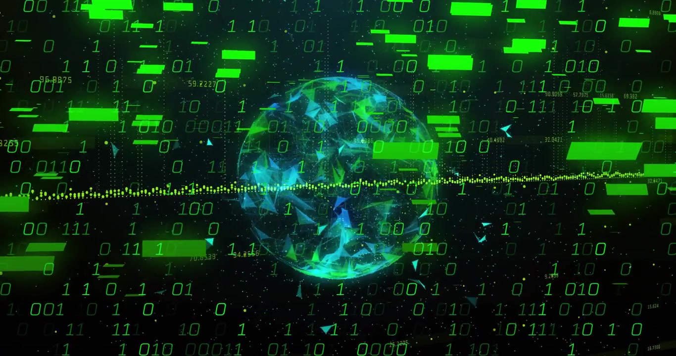 Green blocks appearing, teal sphere rotating and pulsing, skull forming, visualizing data overload