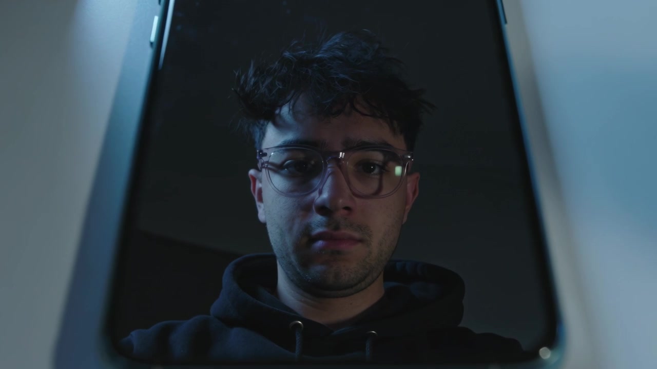 Spotting phone mirror, man wearing glasses, dark hoodie leaning closer to phone on desk, cool light