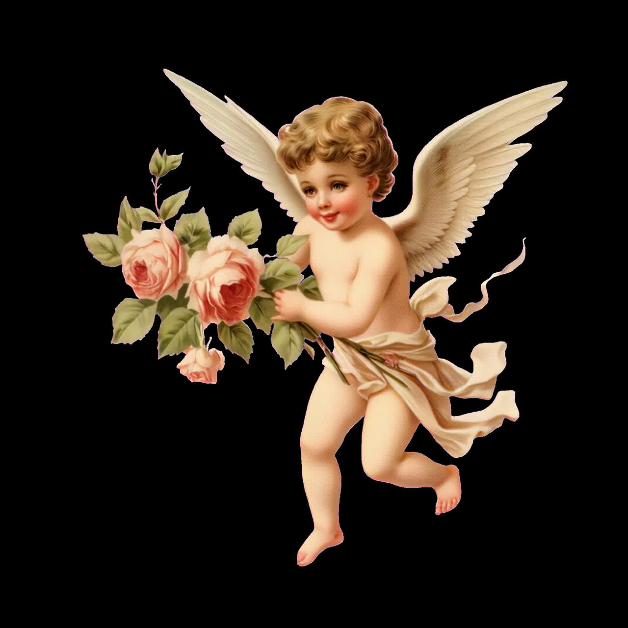 Cherubic angel holding roses animation isolated asset, transparent 4K video, alpha channel, ProRes