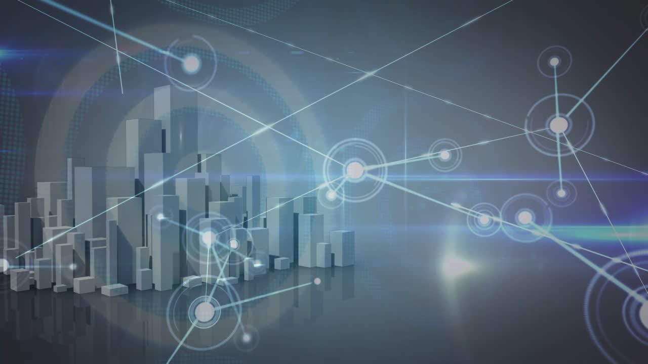 Animation of network of connections with icons over city