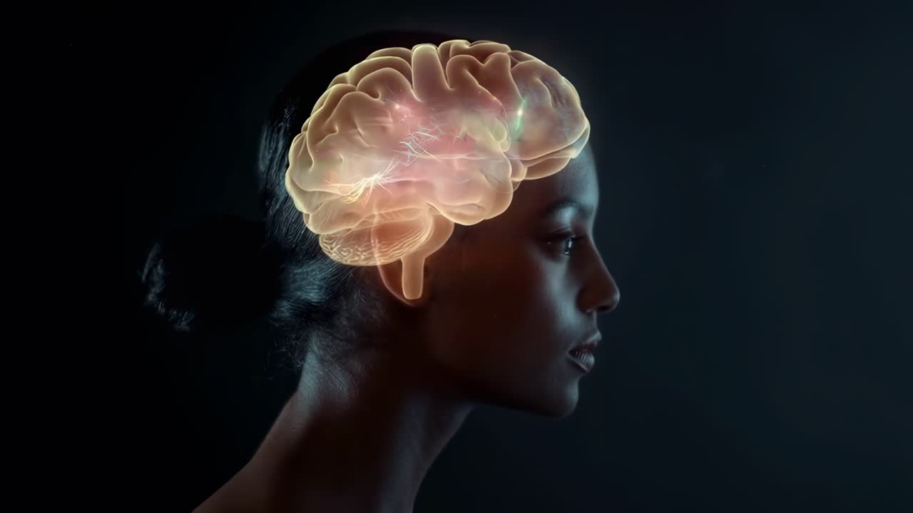 Video di profilo laterale di una donna con una sovrapposizione di un cervello luminoso, che mostra un concetto futuristico