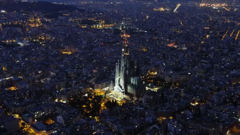 aerial view of barcelona eixample residential district and famous basilica sagrada familia during blue hour. catalonia, spain