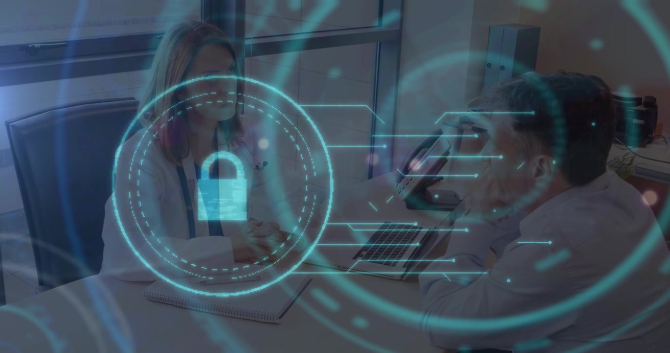 Animación de candado de seguridad en línea y mira sobre una doctora caucásica.