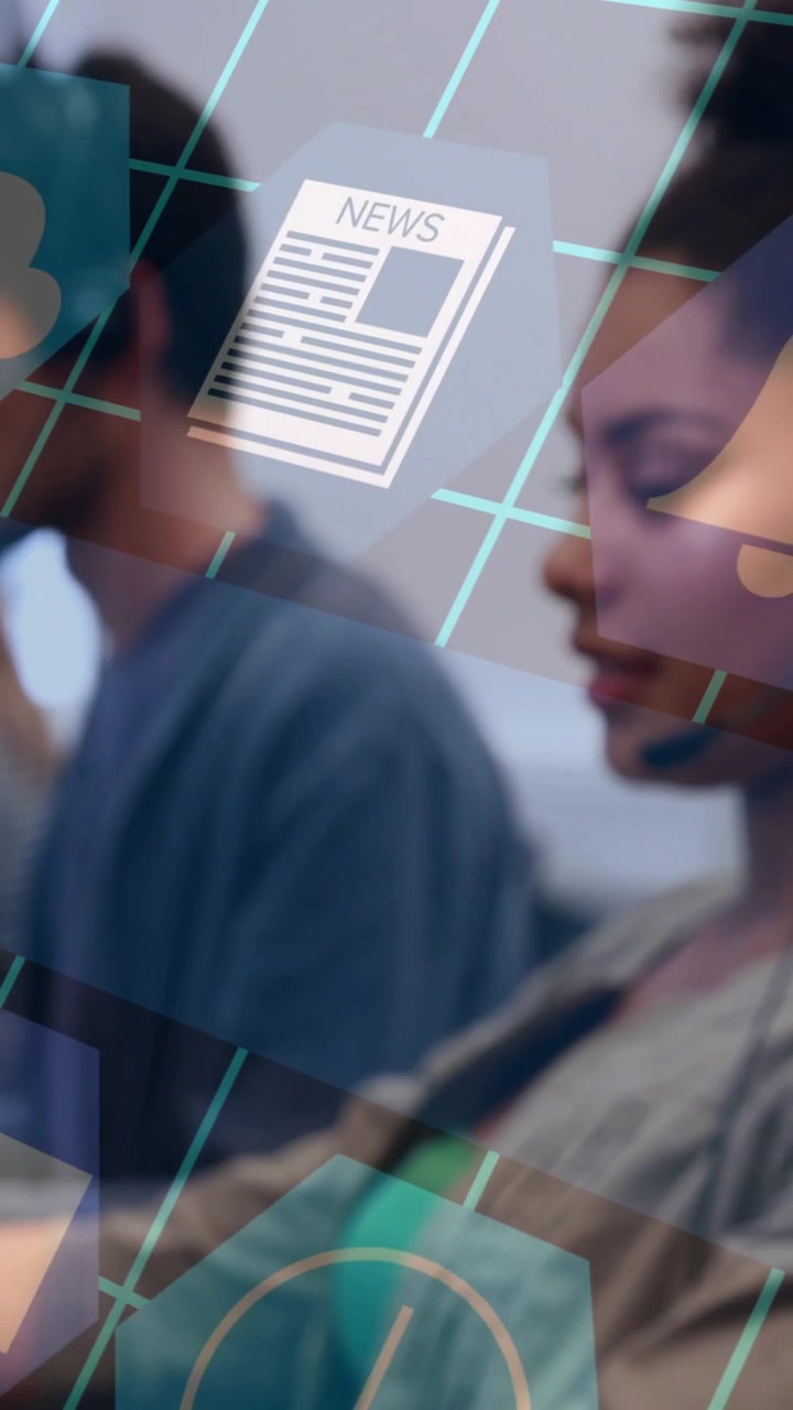 Vertical video: Hexagon overlay showing, agent adjusting headset, typing, teal grid for support