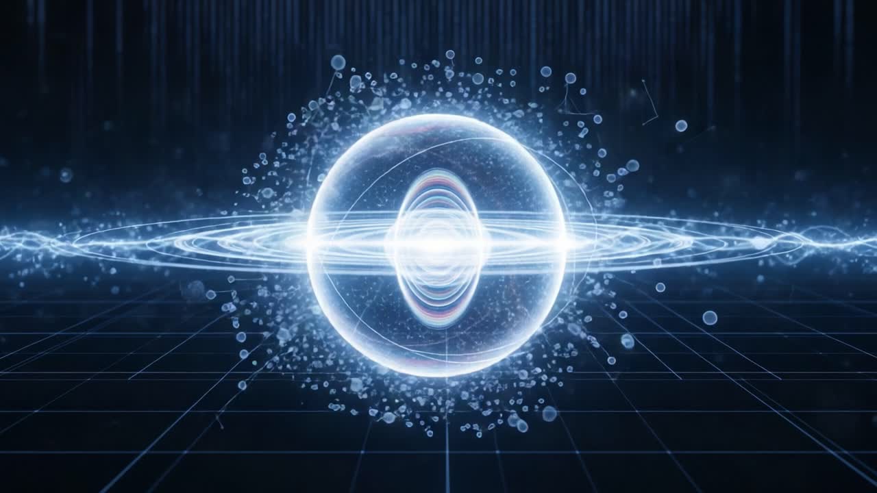 A Stunning Visualization of Quantum Energy: A Glowing Sphere Surrounded by Energetic Waves and Particles in a Dark, Futuristic Environment