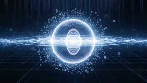 a stunning visualization of quantum energy: a glowing sphere surrounded by energetic waves and particles in a dark, futuristic environment