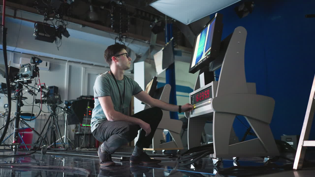 Man adjusting timer and monitor settings in professional production studio, focused on digital equipment, wearing glasses, crouching near high-tech display, timer visible on screen