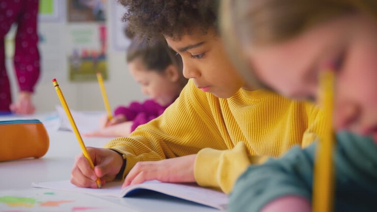 Plano Detalhe de Grupo de Alunos Multiculturais Escrevendo em Cadernos Durante a Aula