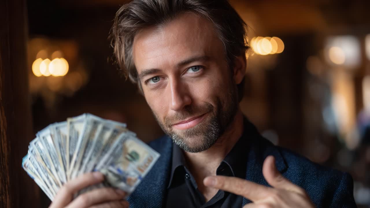 Uomo sicuro di sé che mostra denaro contante con un sorriso affascinante, sottolineando la ricchezza e il successo finanziario in un ambiente caldo e invitante