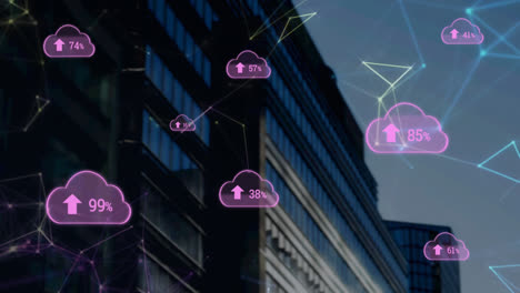 Animation-of-network-of-connections-with-icons-over-cityscape