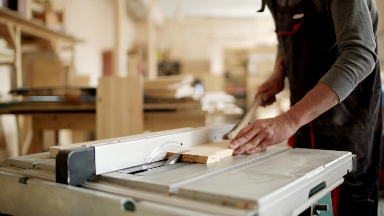 manos de carpintero que utilizan sierra circular para cortar tabla de madera