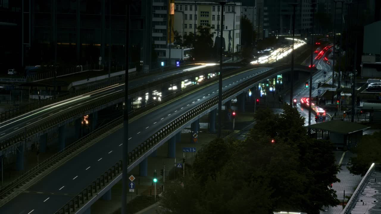 Dynamic Night Traffic in Warsaw Cityscape