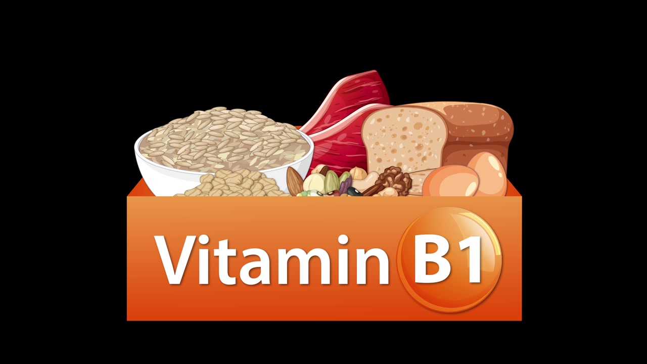 Animasyonlu kutu, yumuşak geçişler ve parlak ışıklandırma ile B1 Vitamini etiketini ve besin kaynaklarını gösteriyor