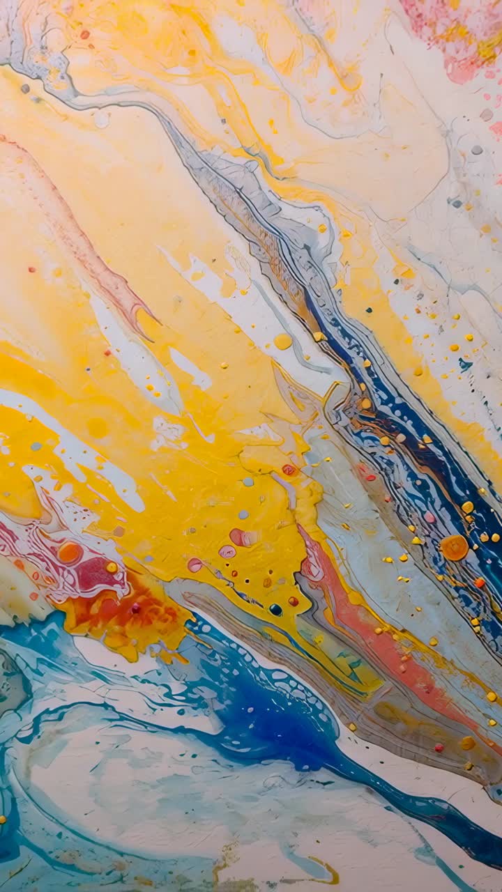 Vertical video: After pour, canvas panel flowing along diagonal veins in studio, with gold droplets