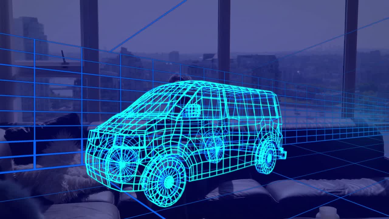 animación de dibujo técnico 3d de la furgoneta, sobre el hombre en casa con auriculares vr