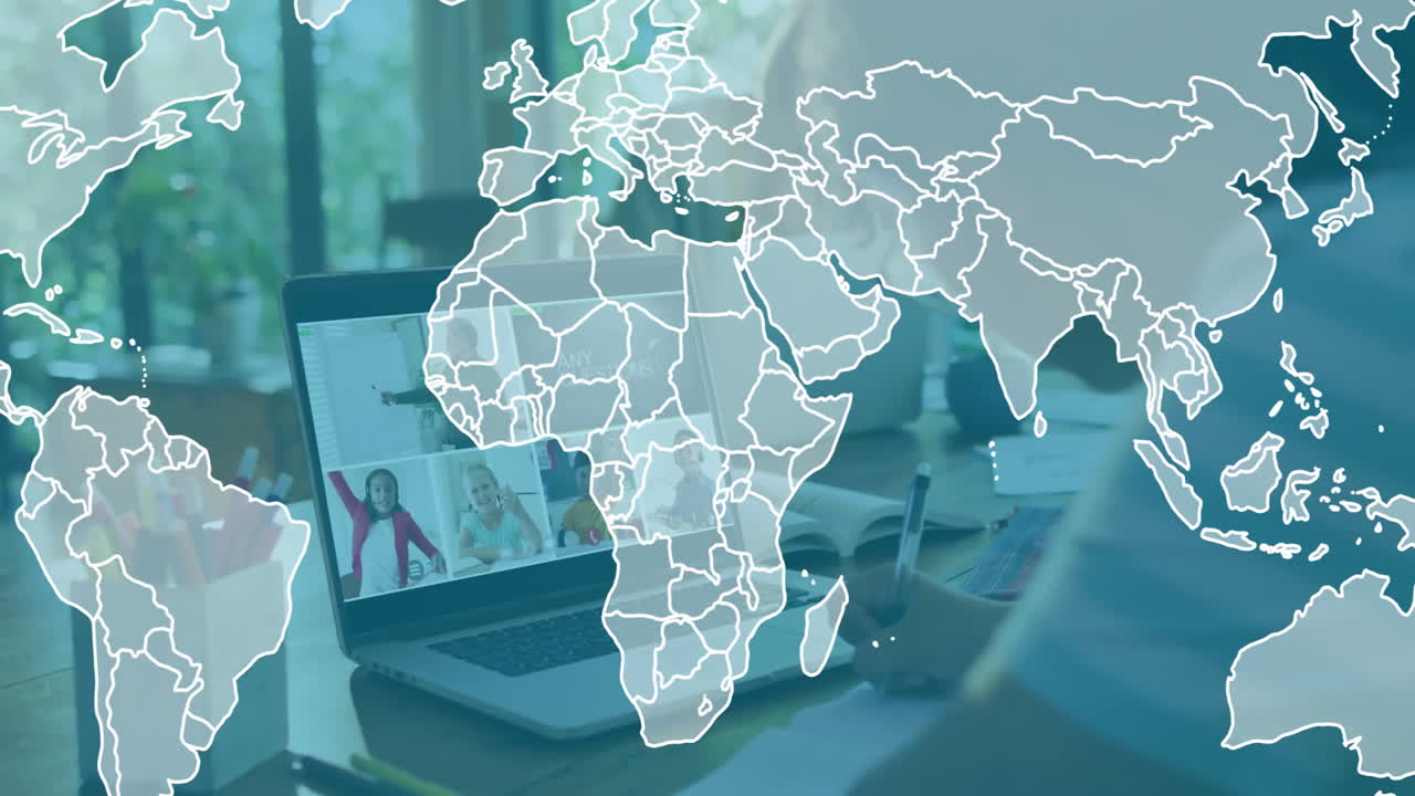 In school, person taking notes with world map animation during online meeting