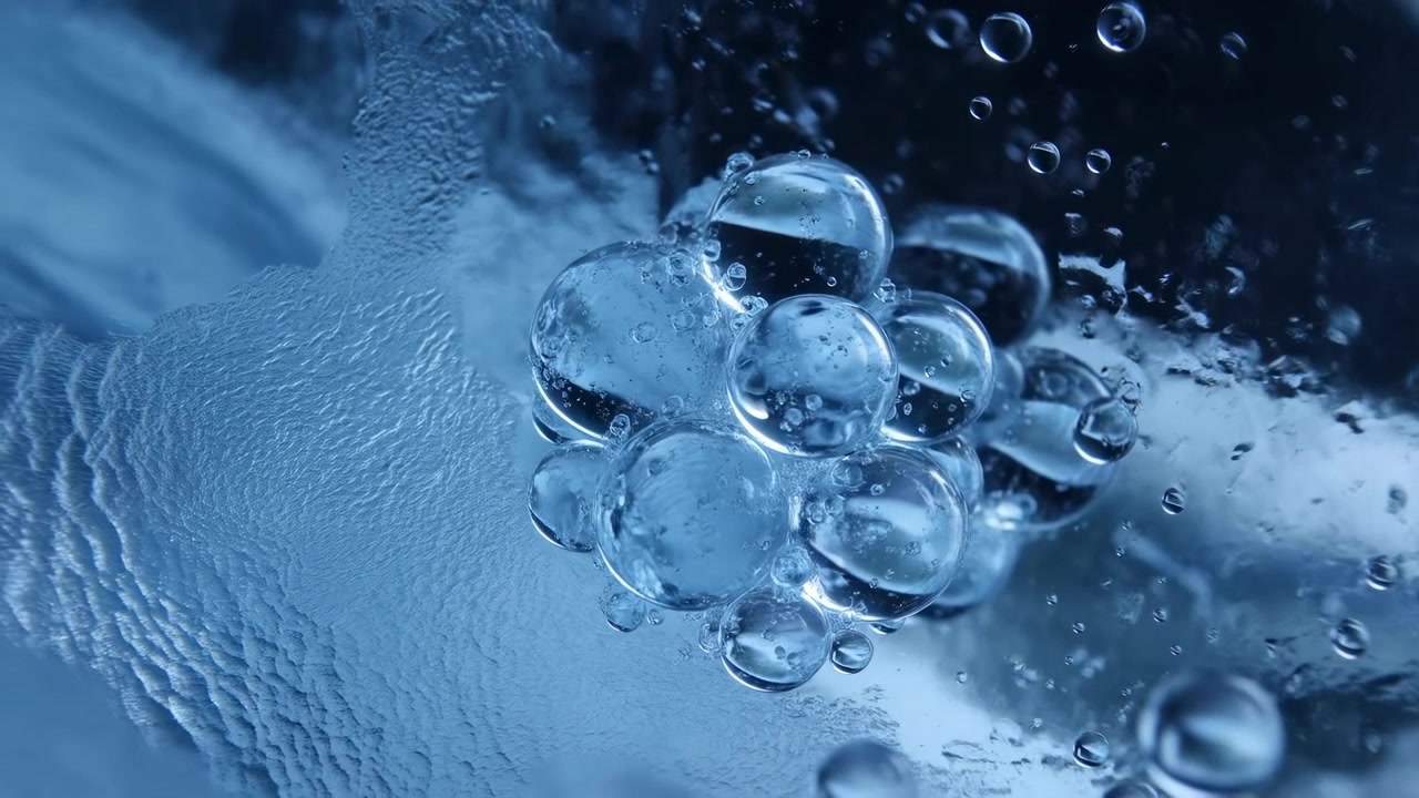 Vista macro ravvicinata di bolle chiare raggruppate che si staccano da una superficie ruvida e bagnata sotto una luce direzionale fredda, con sottili ponti liquidi, piccole goccioline, riflessi tenui e dettagli tattili di umidità.