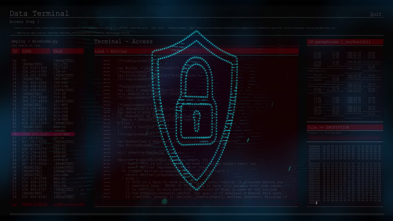 Animation of digital lock icon on computer terminal with security data in school