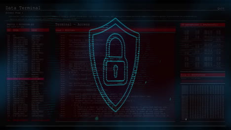 animation of digital lock icon on computer terminal with security data in school
