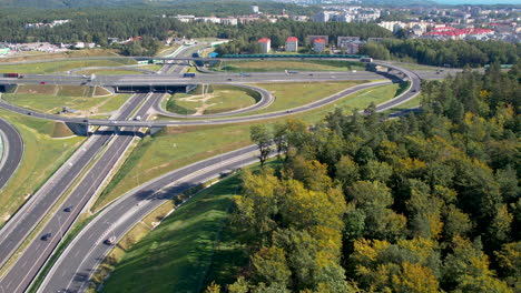 aerial circular backward view of cars riding surrounding city of gydnia