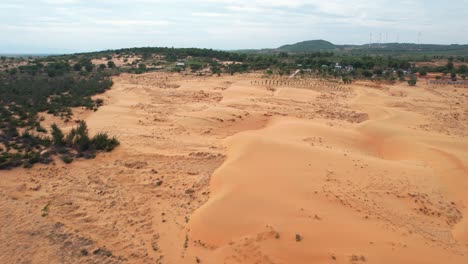 aéreo de arriba hacia abajo del paisaje desértico seco y árido rodeado de árboles en mui ne vietnam