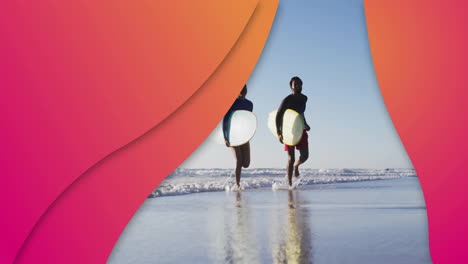 surfers running toward shore on sandy beach, featuring pink orange shapes for sports marketing