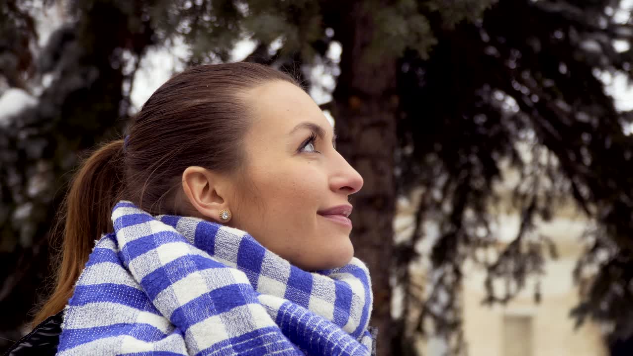 una joven morena hermosa y sonriente mira la rueda de la ferris