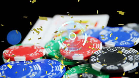 animación de confeti cayendo, escaneo de alcance sobre fichas y tarjetas de casino