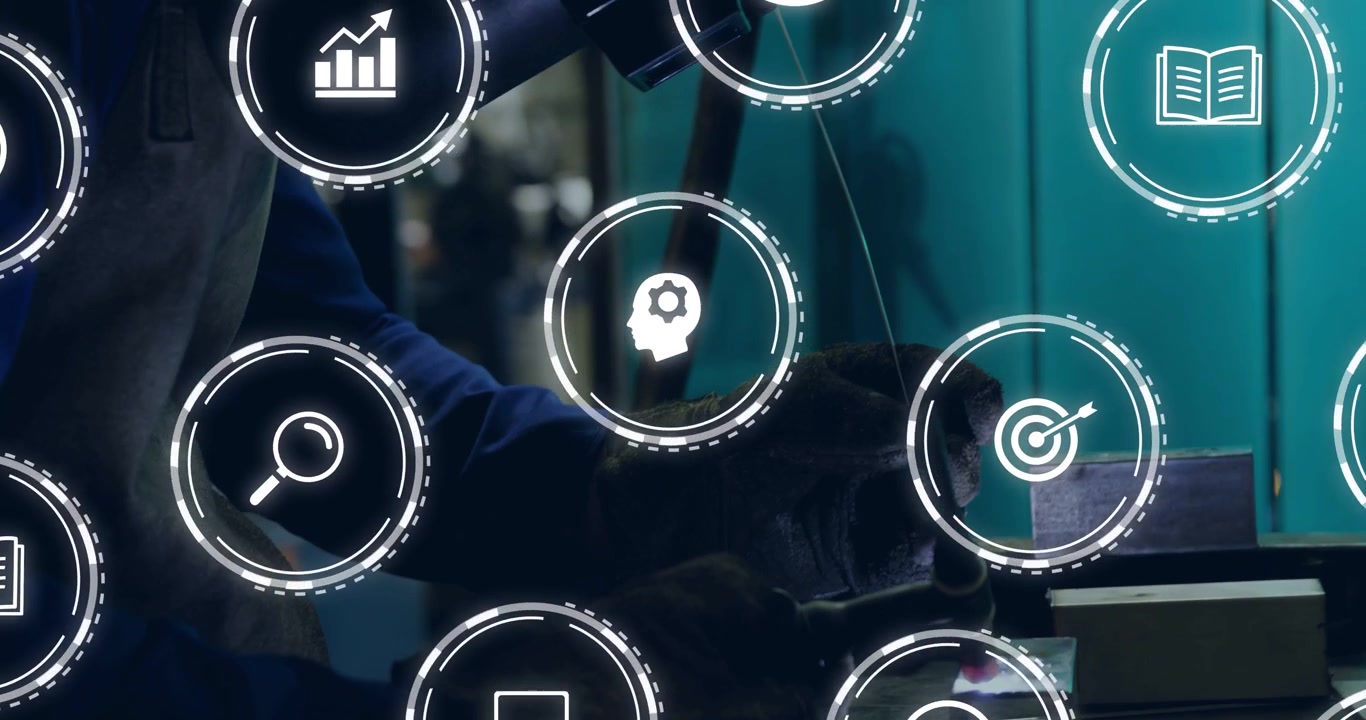 Gloved arms guiding welding torch into vise, HUD icons appearing, welding spark visualizing skills