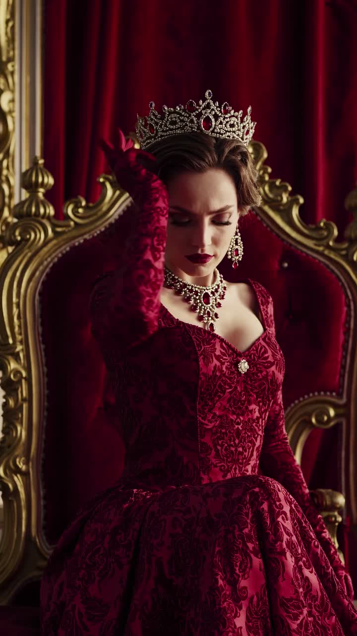Regal woman in ornate red gown and crown sits on a golden throne