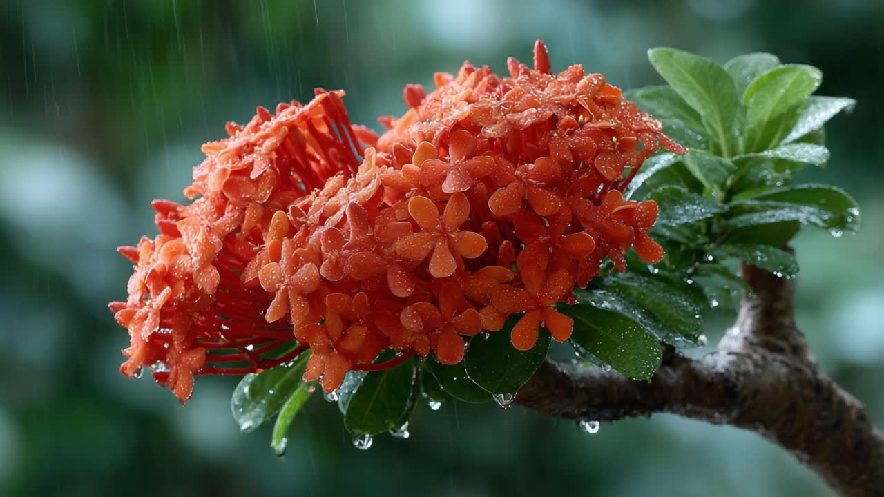 Vibrant Red Flower Blossoms Surrounded by Dewy Green Leaves, Capturing Nature's Beauty in a Rainy Atmosphere with Lush Background