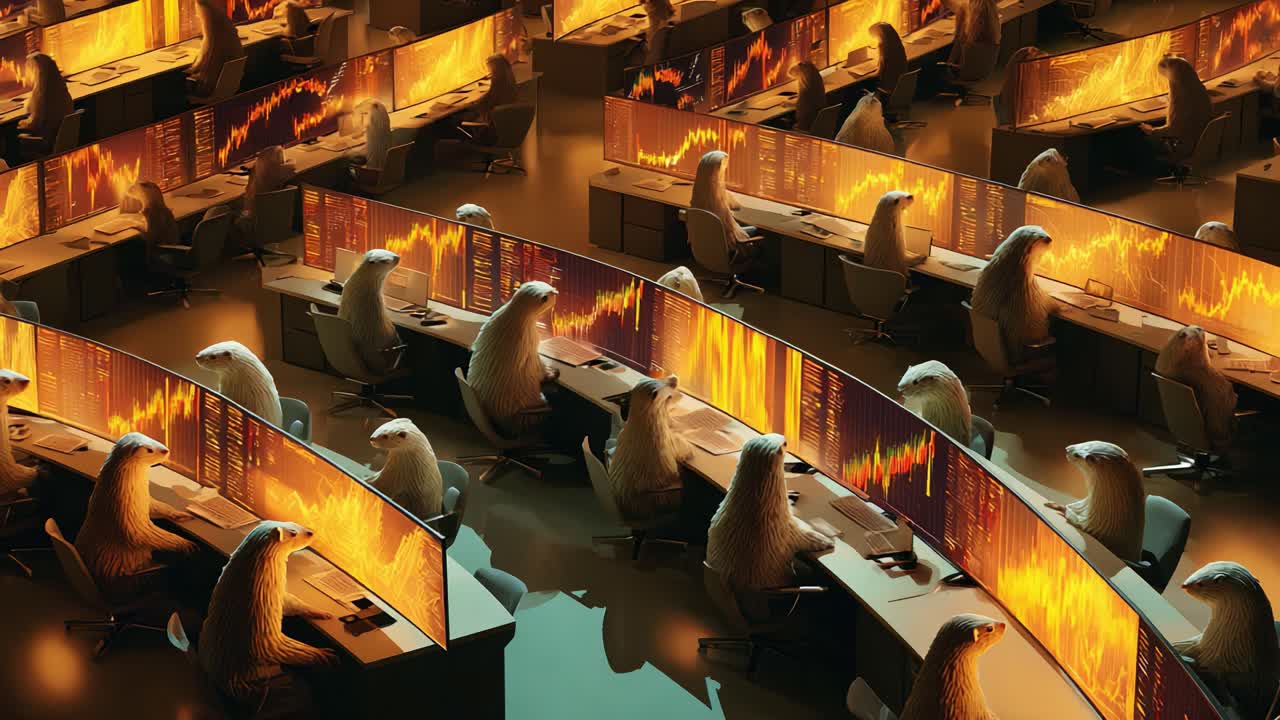 A unique and surreal scene of anthropomorphic creatures attentively analyzing financial data and market trends within an advanced trading environment filled with glowing screens
