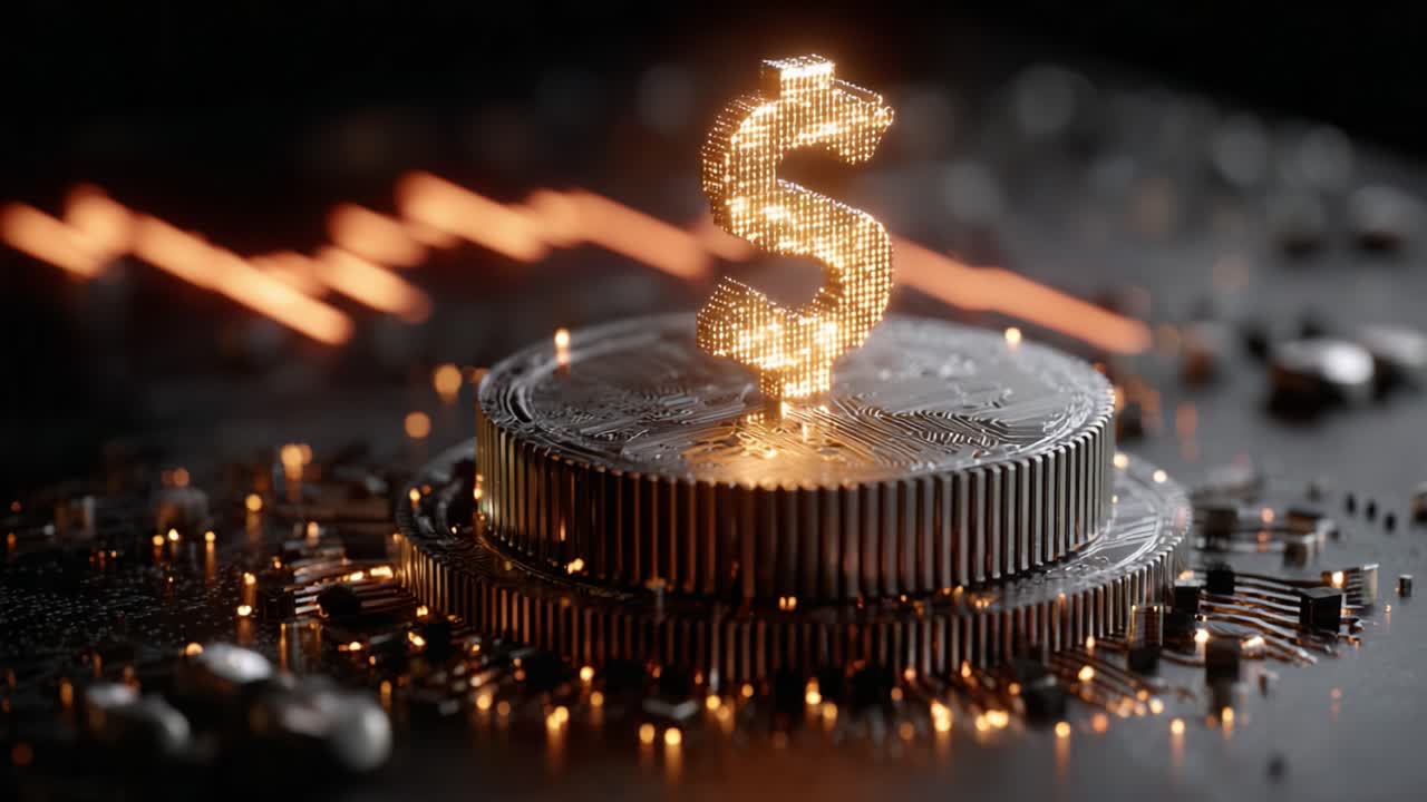 Illuminated Dollar Symbol on Circuitry: A Close-Up Perspective of a Digital Monetary Representation Against a Background of Technology and Finance