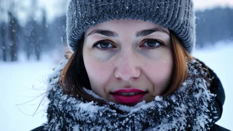 mujer en invierno con nieve en la cara