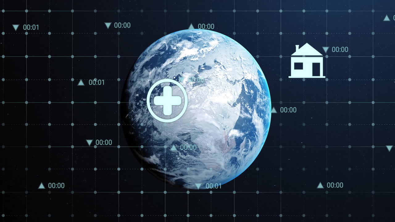 анимация нескольких икон и меняющихся номеров по всему миру на черном фоне