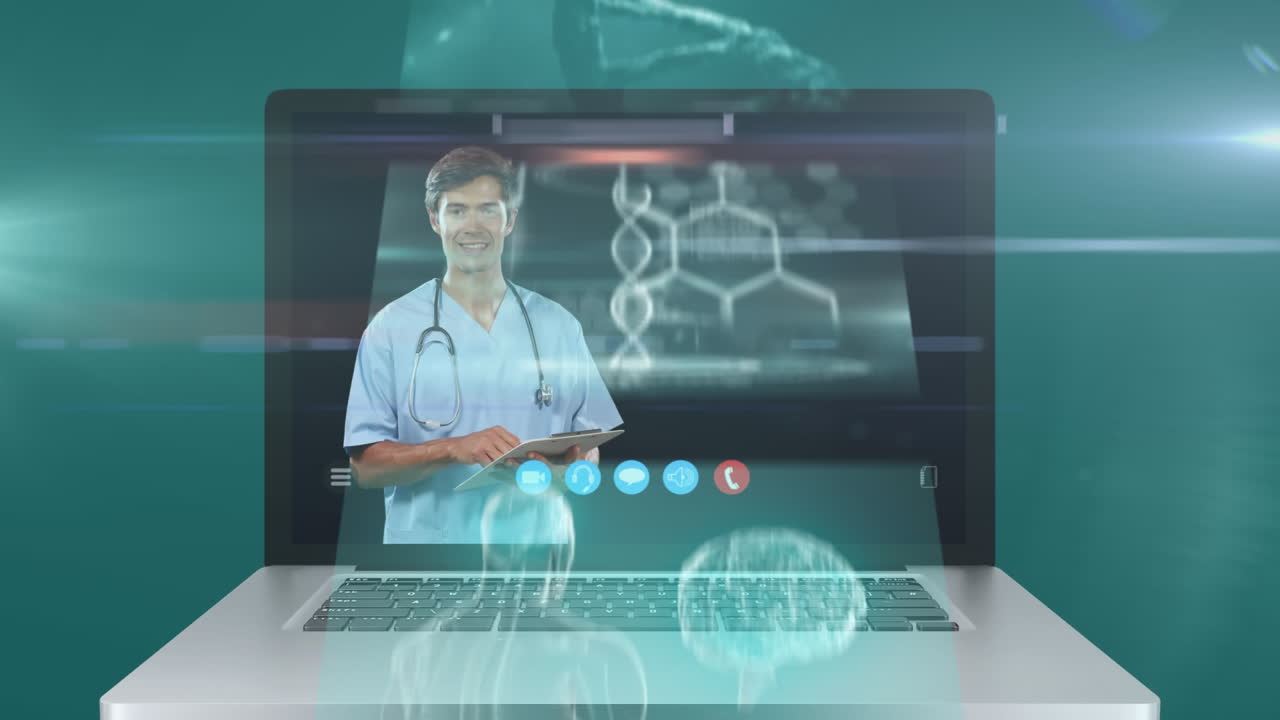 Animazione dello schermo di un computer portatile che mostra un medico uomo durante una videochiamata