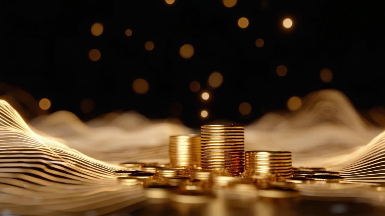 Golden coins rise on waves of light. Sparkling bokeh lights shine behind. Abstract luxury finance background. Perfect for financial, business, or wealth presentations