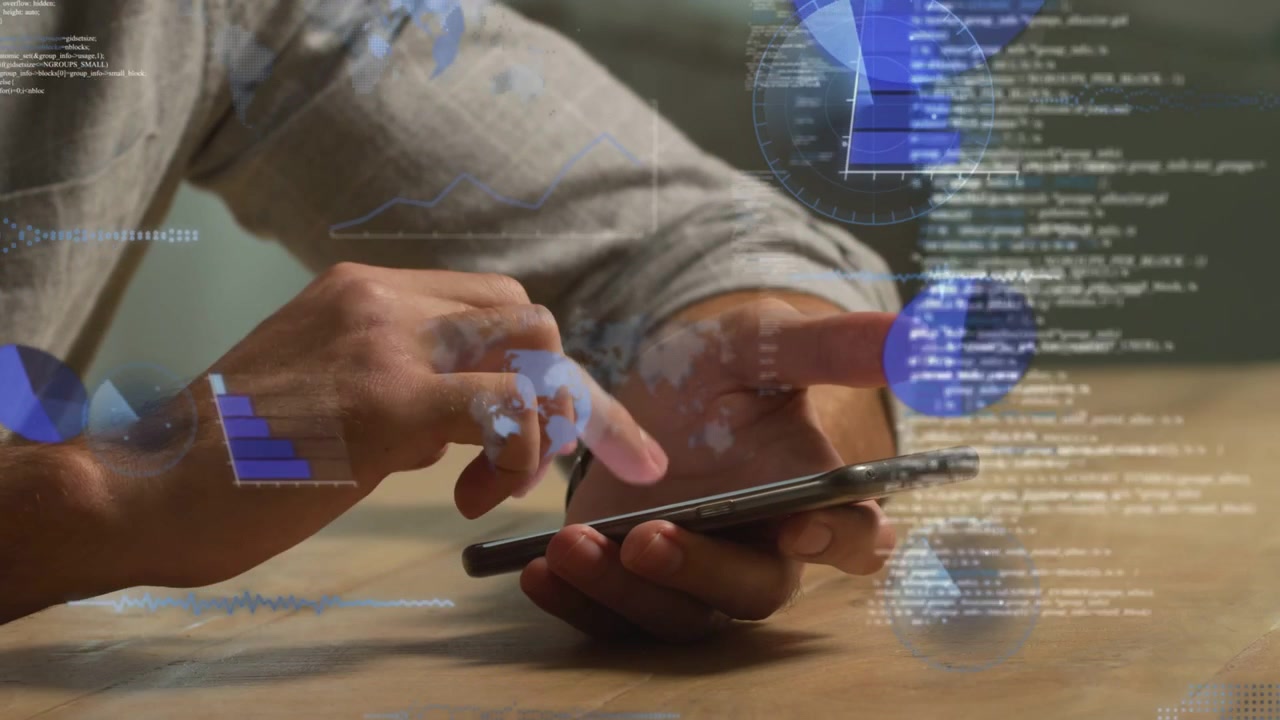 Man steadying smartphone, tapping and swiping while blue data overlays intensifying for analytics