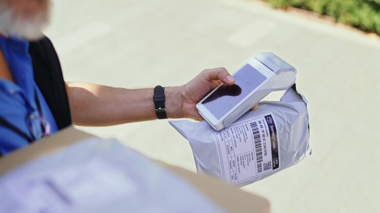 Delivery Person Scanning Package Label with Handheld Device
