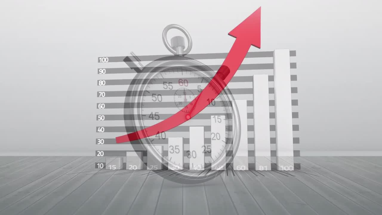 animación de estadísticas con flecha roja y cronómetro