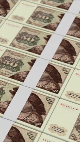 vertical video of 50 deutsche mark germany banknotes printing by a money press