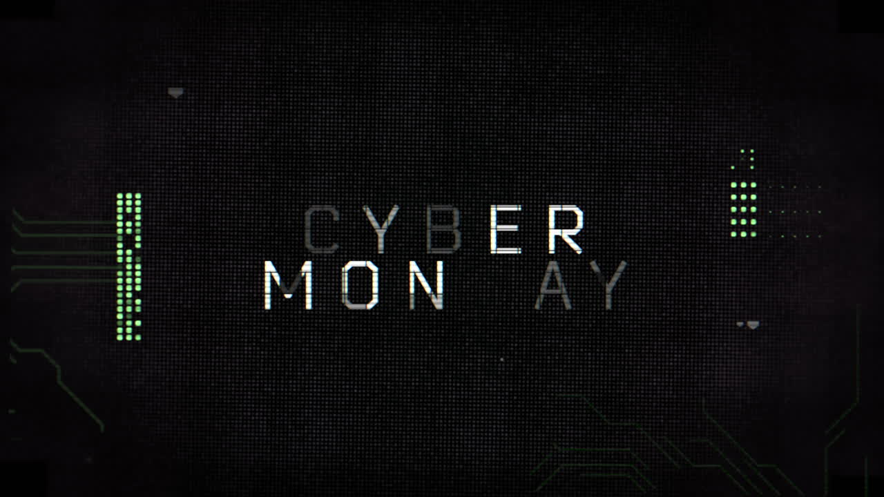Cyber Monday text on digital screen with HUD elements and glitch