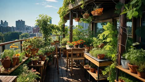 rooftop garden thriving with colorful plants in a city setting