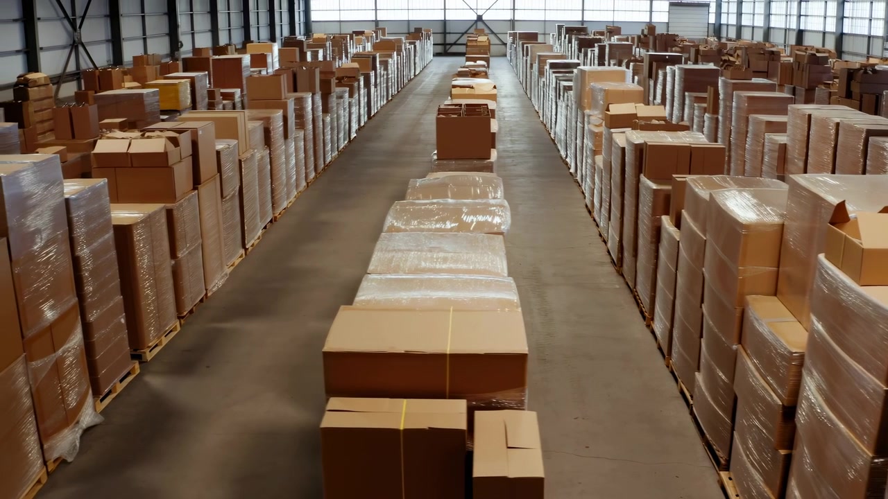 Ampia vista dall'alto di un corridoio di magazzino industriale fiancheggiato da cartoni di cartone imballati, pallet impilati e merci stoccate organizzate sotto una luminosa illuminazione dall'alto.