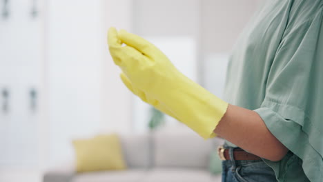 cleaning, gloves and hygiene with hands of person