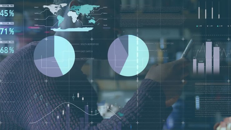 Animation of statistics and data processing over man using smartphone