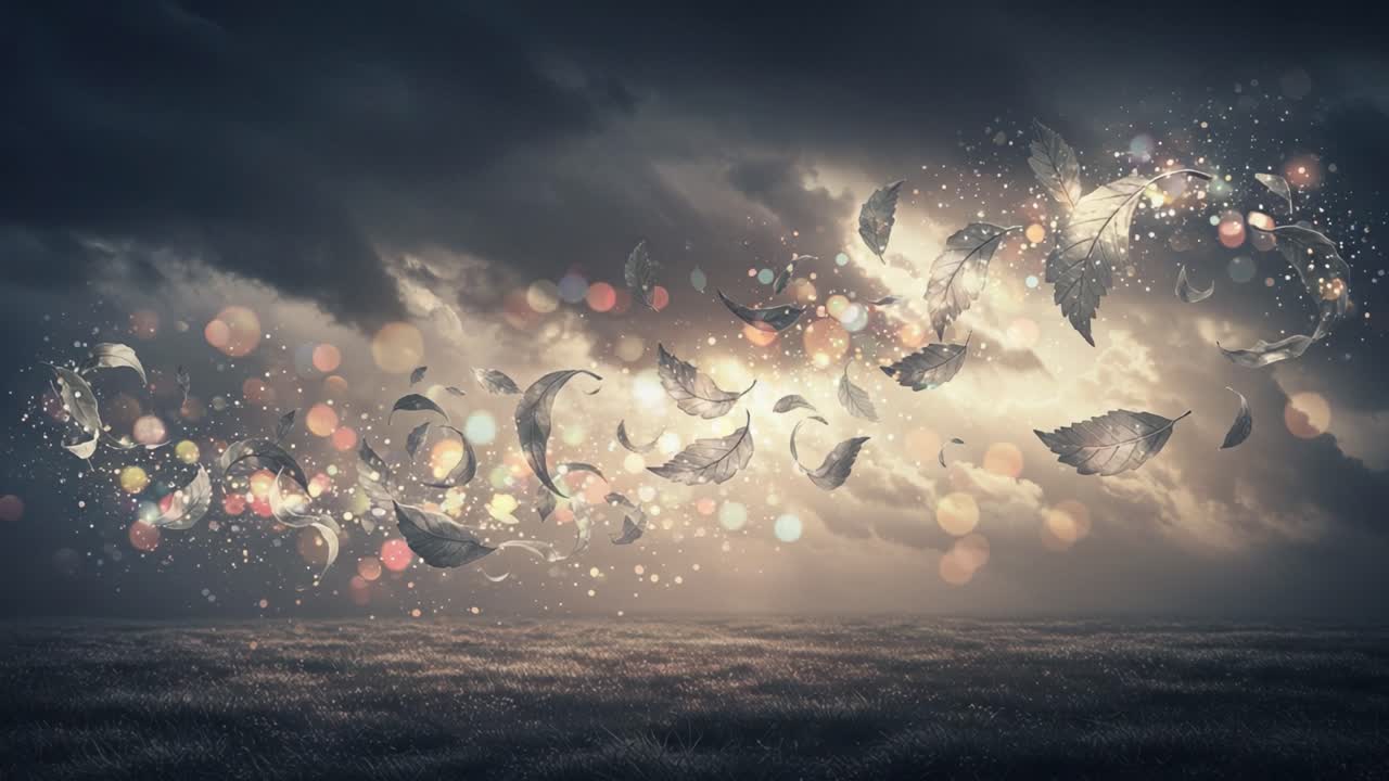 A Transcendent Journey Through Enchanted Leaves and Ethereal Lights Amidst a Dramatic Sky, Captivating the Essence of Nature's Wonder and Emotions