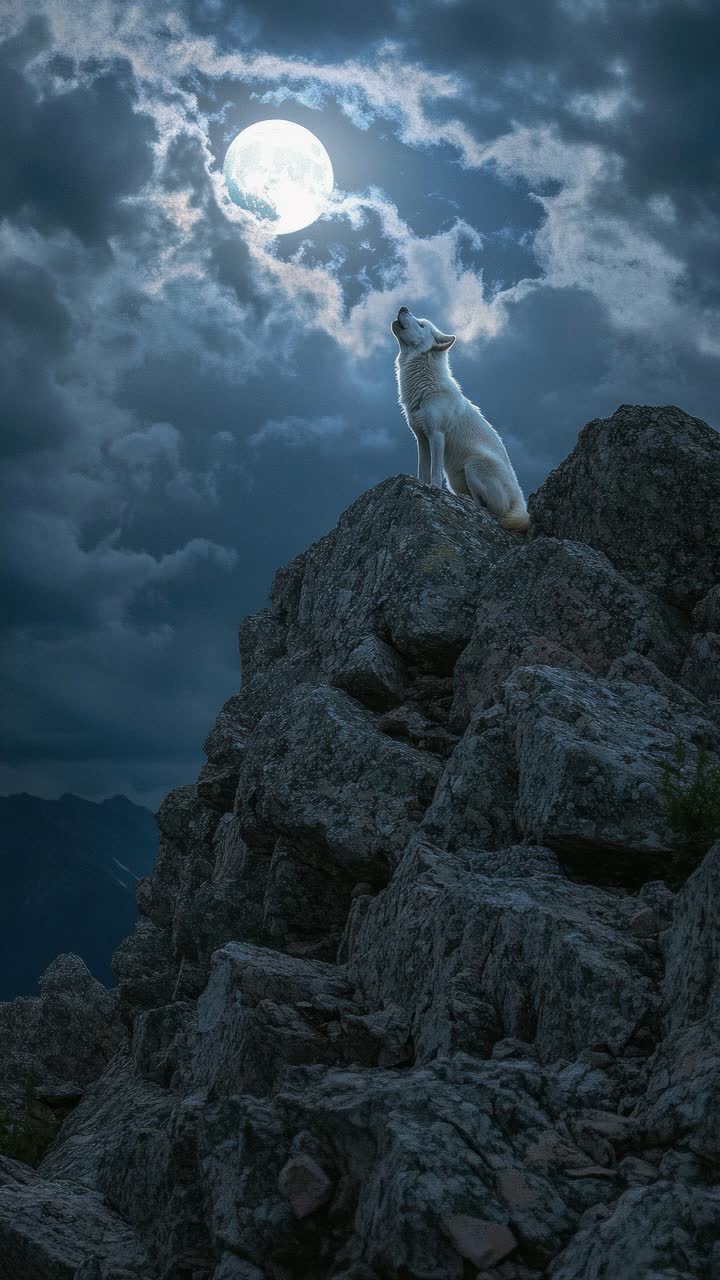 A dramatic, low-angle shot of a wolf howling at the moon atop rocky cliffs, creating a cinematic